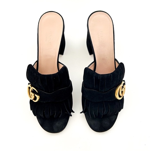 Gucci Marmont GG Logo Black Suede Fringe High Heeled Slip On Mules Slides 38.5 - Picture 4 of 12